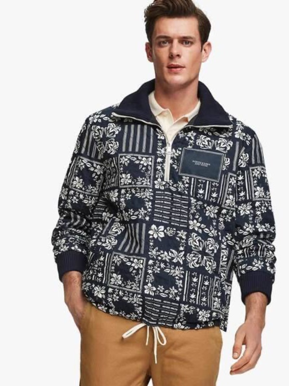 Scotch & Soda Aloha Quarter-Zip Navy Floral Patchwork Pullover Jacket